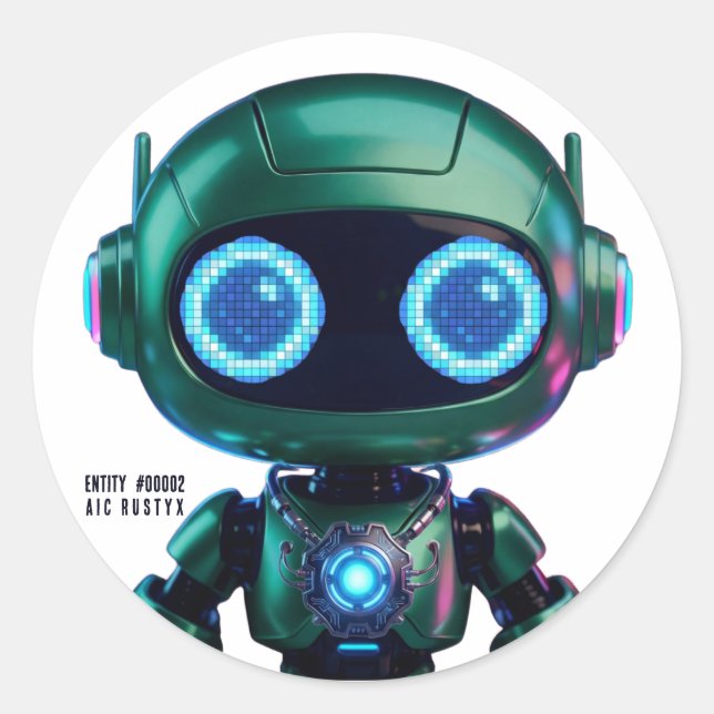Cyberpunk AI Robot Round Sticker #00002 | AIC Rust (Front)