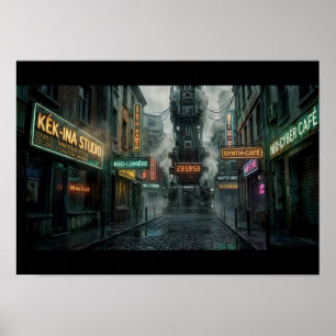 Cyberpunk Alleyway Rainy Neon Tower Steampunk Poster