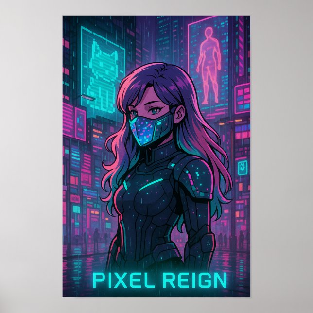 Cyberpunk Anime Girl – Pixel City Poster (Front)