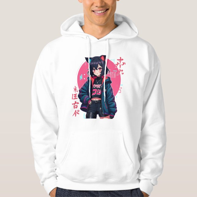 Cyberpunk Anime Girl with Cat Ears- Neon Aesthetic Hoodie (Front)