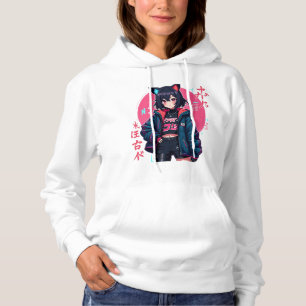Cyberpunk Anime Girl with Cat Ears- Neon Aesthetic Hoodie