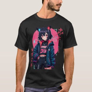 Cyberpunk Anime Girl with Cat Ears- Neon Aesthetic T-Shirt