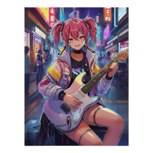 Cyberpunk Anime Guitar Girl Art Poster
