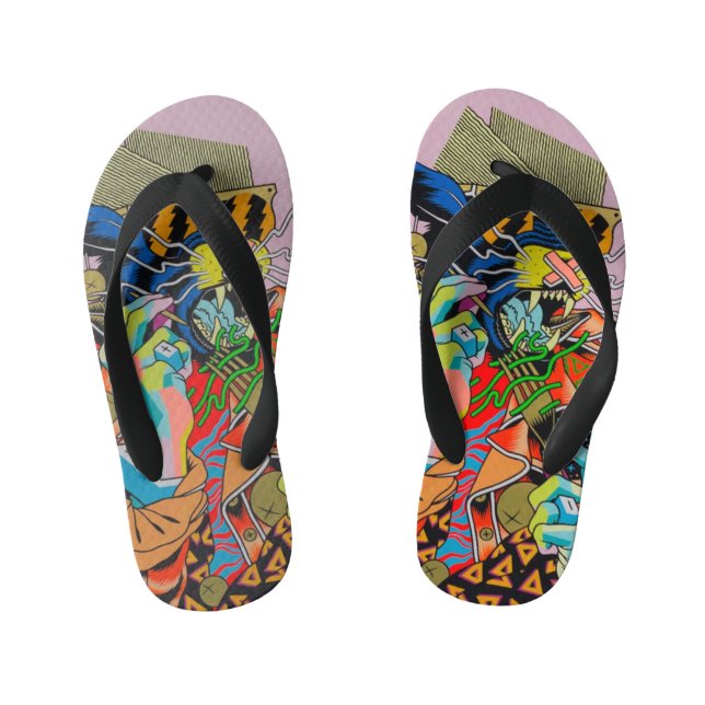 cyberpunk, anime, manga, acid, cyber, art, kid's flip flops (Footbed)