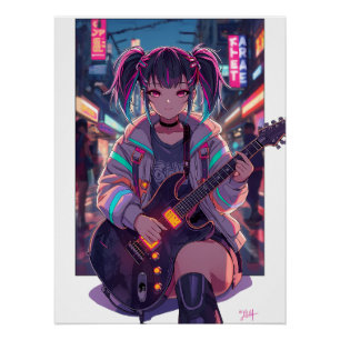 Cyberpunk Anime Rocker Guitar Art Poster