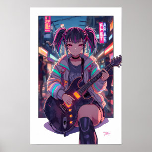 Cyberpunk Anime Rocker Guitar Art Poster
