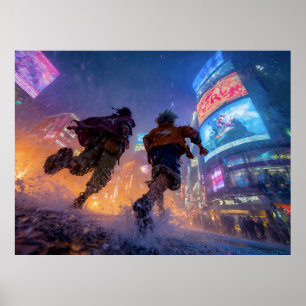 Cyberpunk Anime Warriors Rain Fight Poster