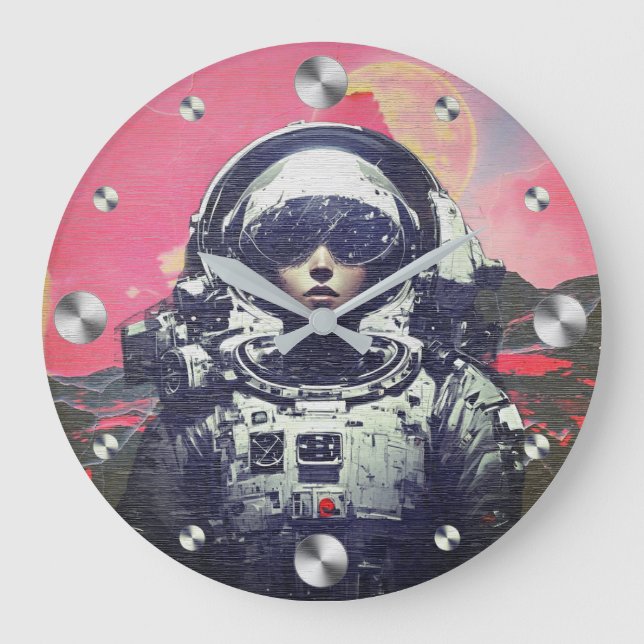 Cyberpunk Astronaut - Pink Neon Space Large Clock (Front)