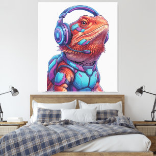 Cyberpunk Bearded Dragon - Gamer Lizard with Heads Canvas Print