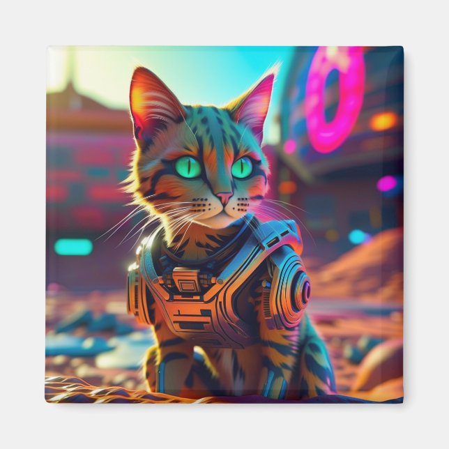 Cyberpunk Cat Fridge Magnet (Front)