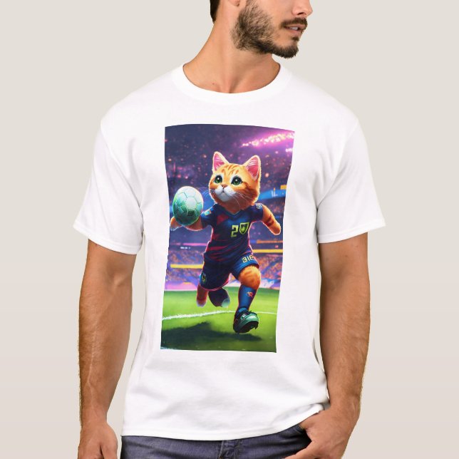 Cyberpunk Cat Soccer Player Scoring a Goal | Digit T-Shirt (Front)