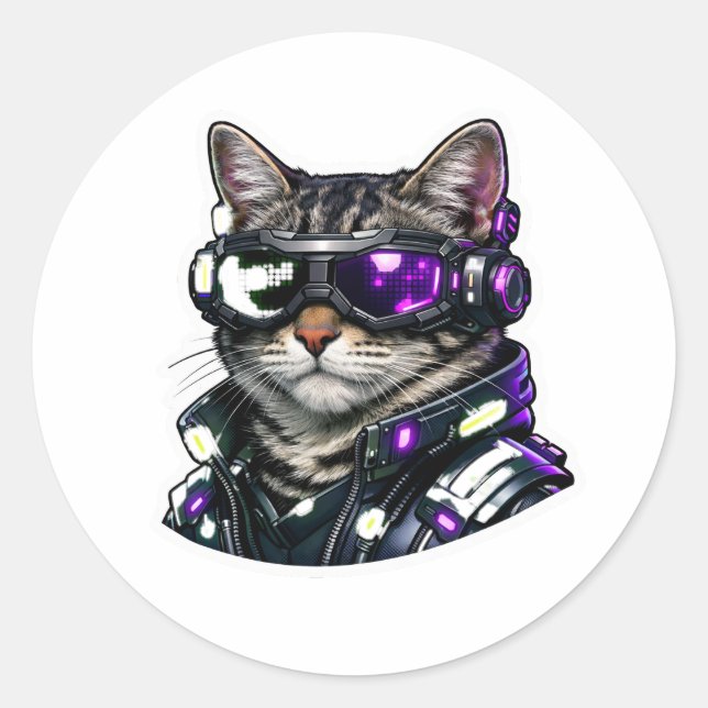 Cyberpunk Cat with Neon Goggles Sticker (Front)