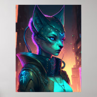 Cyberpunk cat woman in neon city