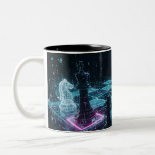 Cyberpunk Chess, Neon Digital Board Game S Two-Tone Coffee Mug
