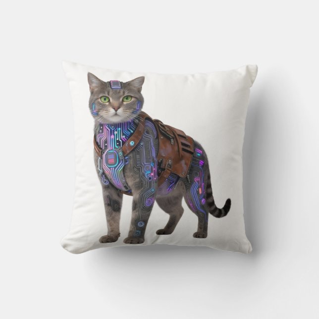 Cyberpunk Circuit Cat – Neon Tech Beast Cushion (Front)