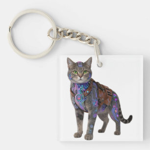 Cyberpunk Circuit Cat – Neon Tech Beast Key Ring