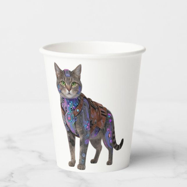 Cyberpunk Circuit Cat – Neon Tech Beast Paper Cups (Front)