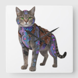 Cyberpunk Circuit Cat – Neon Tech Beast Square Wall Clock