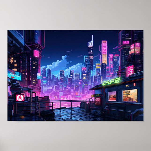 Cyberpunk City Night Cafe Poster (Front)