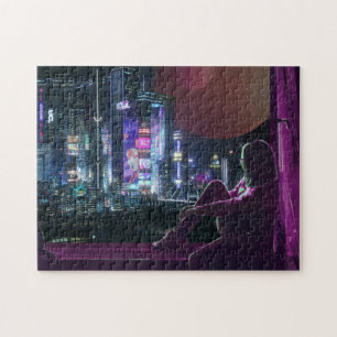 cyberpunk city skyline girl scifi synthwave jigsaw puzzle