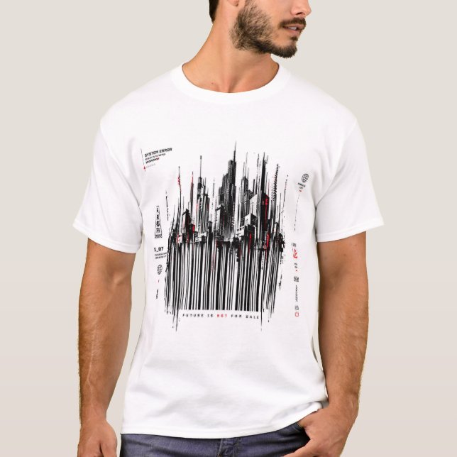 ​Cyberpunk Cityscape Barcode Glitch Art System  T-Shirt (Front)