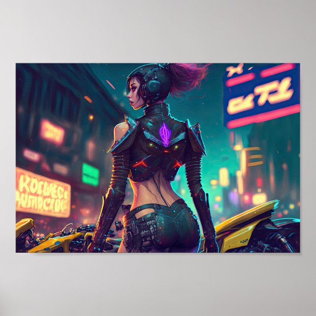 cyberpunk cityscape neon lights motorcycle woman poster (Front)