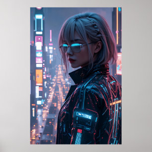 Cyberpunk Cityscape Poster Futuristic Female Hacke