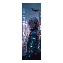 Cyberpunk Cityscape Poster Futuristic Female Hacke