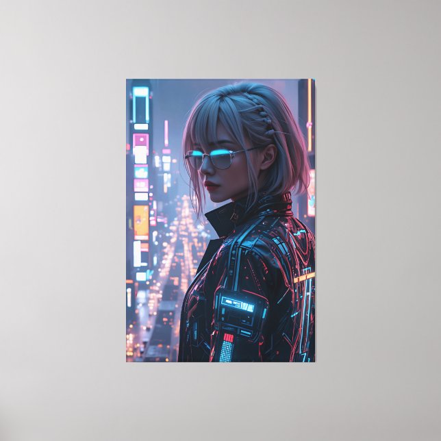 Cyberpunk Cityscape Poster Futuristic Female Hacke Canvas Print (Front)