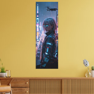 Cyberpunk Cityscape Poster Futuristic Female Hacke Canvas Print