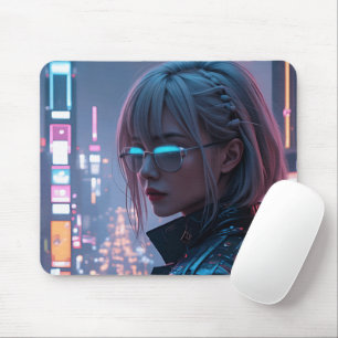 Cyberpunk Cityscape Poster Futuristic Female Hacke Mouse Mat