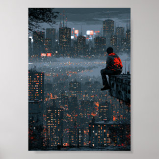 Cyberpunk Cityscape Silhouette of a Lone Figure Poster