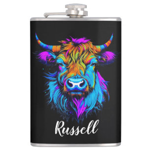 Cyberpunk Colorful Ai Highland Cow Personalized Hip Flask