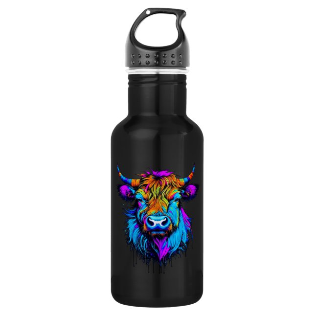Cyberpunk Colourful Ai Highland Cow 532 Ml Water Bottle (Front)