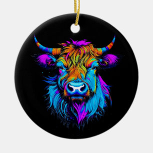 Cyberpunk Colourful Ai Highland Cow Christmas Ceramic Tree Decoration