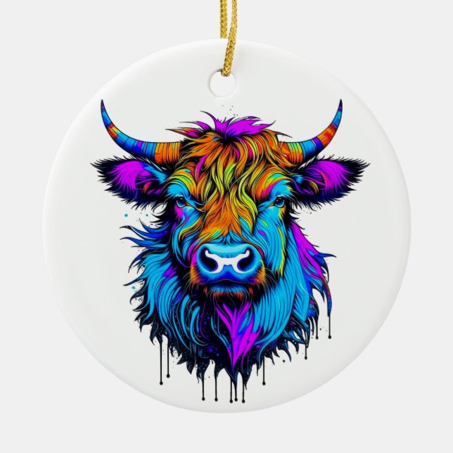 Cyberpunk Colourful Ai Highland Cow Christmas Ceramic Tree Decoration (Front)