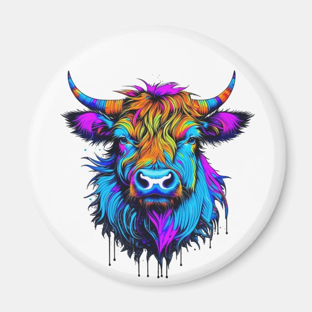 Cyberpunk Colourful Ai Highland Cow Magnet (Front)