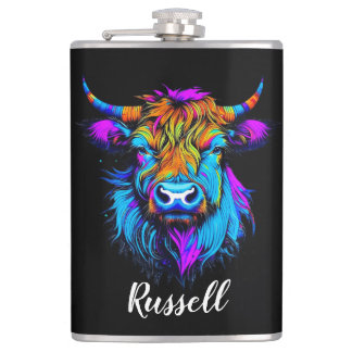 Cyberpunk Colourful Ai Highland Cow Personalised Hip Flask