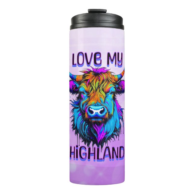 Cyberpunk Colourful Ai Highland Cow Thermal Tumbler (Front)