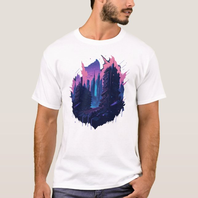 Cyberpunk colourful city in Watercolor style T-Shirt (Front)
