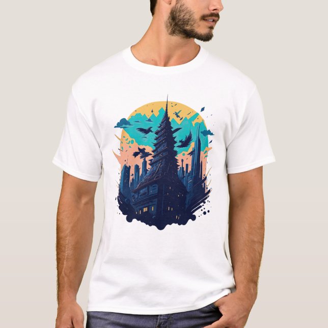 Cyberpunk colourful city in Watercolor style T-Shirt (Front)