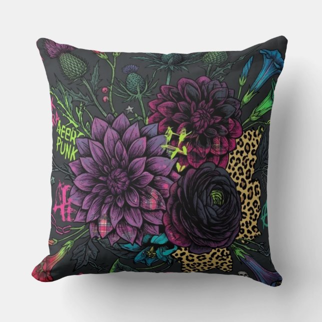 Cyberpunk Dark Floral Throw Pillow - Edgy  (Front)