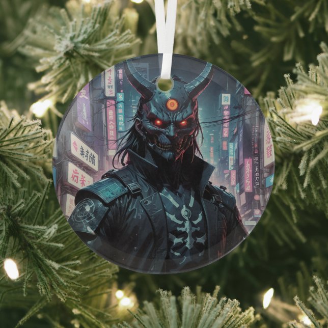 Cyberpunk Demon Samurai Glass Tree Decoration (Insitu)