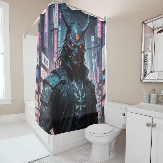 Cyberpunk Demon Samurai Shower Curtain (In Situ)