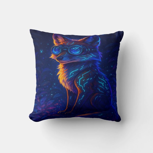Cyberpunk Fox in Neon Jungle – Futuristic Glowing  Cushion (Front)