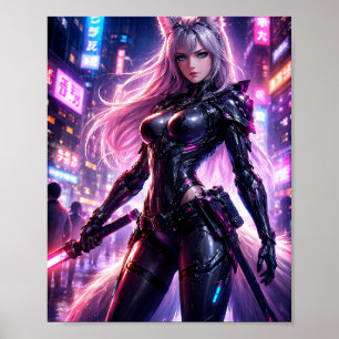 Cyberpunk Fox Warrior Neon City Poster