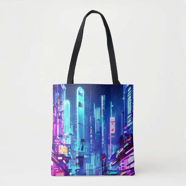 Cyberpunk Futuristic Neon City Tote Bag (Front)