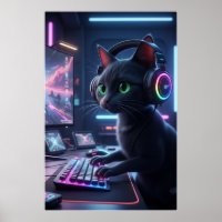 Cyberpunk Gamer Cat Art Poster