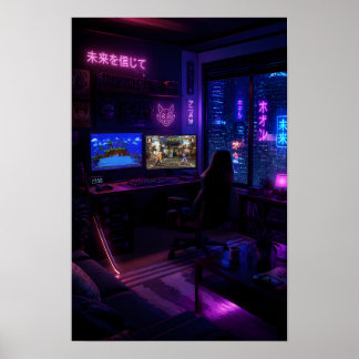 Cyberpunk Gaming Setup Neon Room Aesthetic Art Poster