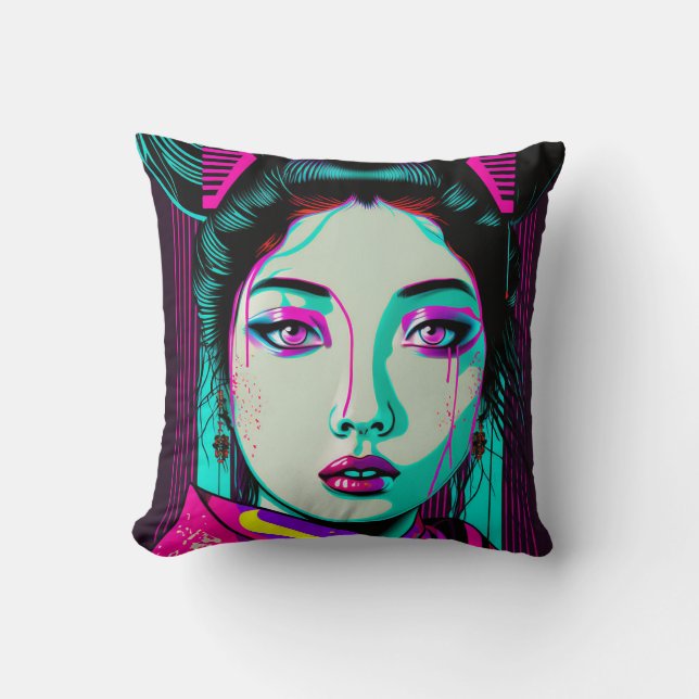 Cyberpunk Geisha Throw Pillow 16" x 16"  (Front)